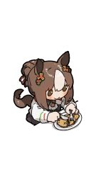 Rule 34 | 1girl, :&gt;, amonitto, animal ears, blush, brown eyes, brown hair, chibi, closed mouth, clover hair ornament, commentary request, fine motion (umamusume), food, fork, hair bun, hair ornament, highres, horse ears, horse girl, horse tail, invisible chair, knife, long sleeves, multicolored hair, plate, simple background, single hair bun, sitting, smile, solo, tail, taiyaki, two-tone hair, umamusume, wagashi, white background