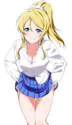 Rule 34 | 10s, 1girl, ayase eli, blonde hair, blue eyes, blush, breasts, cleavage, collared shirt, hajimeme3, hand under clothes, leaning forward, long hair, long sleeves, looking at viewer, love live!, love live! school idol project, pee, peeing, plaid, plaid skirt, pleated skirt, ponytail, school uniform, scrunchie, sekine hajime, shirt, simple background, skirt, smile, solo, suggestive fluid, sweat, white shirt