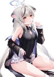 Rule 34 | 1girl, absurdres, animal ears, black dress, black hair, black jacket, blue archive, breasts, brown eyes, clothing cutout, commentary, dress, grey hair, halo, highres, jacket, kokona (blue archive), long hair, looking at viewer, multicolored hair, sido (ama r007), simple background, skirt, sleeveless, sleeveless dress, small breasts, solo, streaked hair, striped clothes, striped dress, striped jacket, thighs, vertical-striped clothes, vertical-striped dress, vertical-striped jacket, white background, white skirt