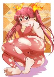 Rule 34 | 1girl, arm rest, ass, bare shoulders, barefoot, blush, checkered background, cleft of venus, cthugha (nyaruko-san), elbow gloves, feet, fire, foreshortening, gloves, hair ornament, haiyore! nyaruko-san, highres, long hair, looking at viewer, lying, on side, panimiiru, pantyhose, pussy, red eyes, red hair, red pantyhose, saliva, soles, solo, toes, torn clothes, torn pantyhose, twintails