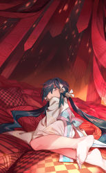 Rule 34 | 1girl, bad id, bad pixiv id, banner, barefoot, black hair, blue eyes, closed eyes, eyes visible through hair, hair over one eye, highres, japanese clothes, kimono, light rays, long hair, looking at viewer, looking back, original, patterned, pillow, shichigatsu, sleeves past fingers, sleeves past wrists, solo, twintails, very long hair, white kimono