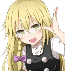 Rule 34 | 1girl, blonde hair, blush, bow, braid, cookie (touhou), glasses, hair bow, head tilt, kirisame marisa, long hair, looking at viewer, marine (46586031), open mouth, purple bow, side braid, simple background, single braid, smile, solo, touhou, upper body, uzuki (cookie), v-shaped eyebrows, white background, yellow eyes