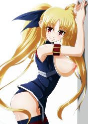 Rule 34 | 1girl, black thighhighs, blonde hair, blush, breasts, breasts out, fate testarossa, hair ornament, hair ribbon, highres, large breasts, looking at viewer, lyrical nanoha, mahou shoujo lyrical nanoha, nipples, no bra, red eyes, ribbon, simple background, smile, tappa (esperanza), thighhighs, twintails, white background