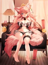 Rule 34 | 1girl, animal, animal ears, babydoll, bare shoulders, barefoot, bird, black panties, blue eyes, breasts, chair, chick, choker, cleavage, clock, commission, feet, fox ears, fox tail, groin, heterochromia, highres, lampshade, large breasts, large tail, lingerie, long hair, looking at viewer, navel, neck bell, orange eyes, original, panties, pink hair, sitting, solo, stomach, tail, thigh strap, thighs, underwear, underwear only, very long hair, wide hips, zerocat