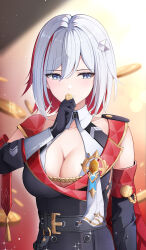 Rule 34 | 1girl, absurdres, bare shoulders, belt, black belt, black gloves, blue eyes, breasts, cleavage, coin, colored inner hair, commentary request, gloves, grey hair, hair ornament, highres, holding, holding coin, honkai: star rail, honkai (series), large breasts, multicolored hair, red hair, short hair, solo, topaz (honkai: star rail), upper body, yeni1871