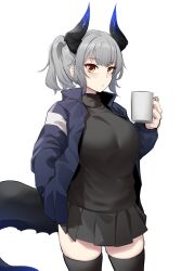 Rule 34 | 1girl, absurdres, arknights, black shirt, black skirt, black thighhighs, blue jacket, breasts, brown eyes, commentary, cowboy shot, cup, grey hair, highres, holding, holding cup, horns, jacket, k0ng, large breasts, liskarm (arknights), long sleeves, looking at viewer, miniskirt, mug, open clothes, open jacket, pleated skirt, ponytail, shirt, short hair, skirt, solo, standing, tail, thighhighs, thighs
