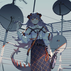 Rule 34 | 1girl, arknights, belt, bird, black skirt, chest strap, chinese commentary, closed mouth, commentary request, dragon girl, dragon horns, dragon tail, duck, feet out of frame, fence, grey background, hand in own hair, hand up, high-waist skirt, highres, holding, holding weapon, horns, id card, keng keng zi, long hair, long skirt, long sleeves, looking at viewer, orange eyes, outdoors, saria (arknights), satellite dish, serious, shirt, silver hair, skirt, solo, syringe gun, tail, weapon, white shirt