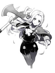 Rule 34 | 1girl, ascot, axe, breasts, cape, edelgard von hresvelg, fire emblem, fire emblem: three houses, forehead, greyscale, hair ornament, head tilt, holding, holding axe, long hair, long sleeves, looking at viewer, medium breasts, monochrome, nintendo, pantyhose, parted bangs, parted lips, ririko (zhuoyandesailaer), shirt, short shorts, shorts, simple background, smile, solo, standing, standing on one leg, v-shaped eyebrows, very long hair, white background