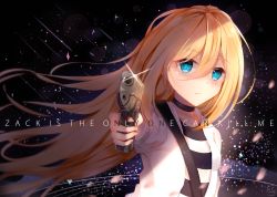 Rule 34 | 10s, 1girl, aiming, aiming at viewer, black choker, blonde hair, blue eyes, blush, choker, closed mouth, collarbone, commentary, english commentary, english text, glint, glock, gun, hair between eyes, handgun, highres, holding, holding gun, holding weapon, jacket, long hair, nahaki, open clothes, open jacket, outstretched arm, pistol, rachel gardner, satsuriku no tenshi, shirt, solo, striped clothes, striped shirt, very long hair, weapon, weapon request, white jacket