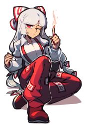 Rule 34 | 1girl, bow, collared shirt, fire, fujiwara no mokou, full body, hair bow, highres, iganashi1, index finger raised, long hair, long sleeves, looking at viewer, one-hour drawing challenge, one eye closed, pants, red eyes, red footwear, red pants, shirt, shoes, simple background, sleeve garter, solo, suspenders, touhou, white background, white bow, white hair, white shirt