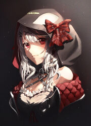 Rule 34 | 1girl, absurdres, black background, black hair, bow, braid, breasts, camisole, cleavage, collar, grey hair, hair ornament, hairclip, highres, hololive, hood, isolatediev, large breasts, light, light particles, looking at viewer, medium hair, multicolored hair, plaid, plaid bow, red eyes, sakamata chloe, sakamata chloe (1st costume), streaked hair, virtual youtuber, white camisole, x hair ornament