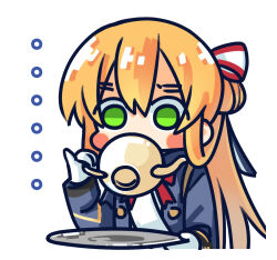 Rule 34 | ..., 1girl, blue jacket, blush stickers, chibi, chinese commentary, commentary request, cup, expressionless, girls&#039; frontline, gloves, green eyes, hair between eyes, hair ribbon, hair rings, highres, holding, holding cup, holding saucer, jacket, long hair, long sleeves, looking at viewer, neck ribbon, official art, orange hair, pinky out, ponytail, red ribbon, ribbon, saucer, shaded face, shirt, simple background, solo, springfield (girls&#039; frontline), striped ribbon, su xiao jei, teacup, upper body, white background, white gloves, white ribbon, white shirt