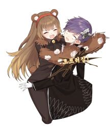 Rule 34 | 1boy, 1girl, animal ears, ascot, bear claws, bear ears, black ascot, black coat, blank eyes, blush, bodysuit, brown bodysuit, brown hair, butterfly hair ornament, closed eyes, coat, e.g.o (project moon), gloves, hair ornament, hairband, highres, library of ruina, long hair, long sleeves, love mintchoco, malkuth (project moon), open mouth, project moon, purple hair, red hairband, simple background, smile, stuffing, very long hair, white background, white gloves, yesod (project moon)