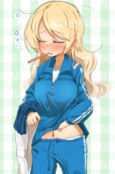 Rule 34 | 1girl, alternate hairstyle, blonde hair, blue jacket, blue pants, closed eyes, clothes lift, commentary, darjeeling (girls und panzer), double vertical stripe, facing viewer, frown, girls und panzer, green background, hair down, highres, holding, holding clothes, jacket, jacket lift, jinguu (4839ms), lifting own clothes, long hair, long sleeves, loungewear, messy hair, navel, open mouth, panties, pants, panty peek, plaid, plaid background, shirt, sleepy, solo, standing, toothbrush in mouth, track jacket, track pants, underwear, white panties, white shirt