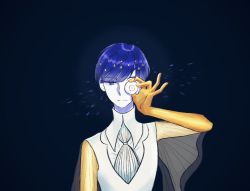 Rule 34 | 1other, androgynous, bad id, bad twitter id, blue eyes, blue hair, blunt bangs, colored skin, crystal hair, dark background, eyeball, golden arms, houseki no kuni, looking at viewer, necktie, phosphophyllite, phosphophyllite (ll), see-through, see-through sleeves, serious, short hair, solo, spoilers, upper body, white skin