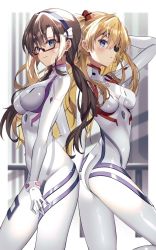 Rule 34 | 2girls, @shun, ass, blue eyes, bodysuit, breasts, brown hair, covered navel, evangelion: 3.0+1.0 thrice upon a time, eyepatch, glasses, grin, hand on own knee, hands on another&#039;s shoulders, highres, interface headset, long hair, looking at viewer, makinami mari illustrious, medium breasts, multiple girls, neon genesis evangelion, plugsuit, rebuild of evangelion, shiny clothes, skin tight, smile, souryuu asuka langley, thighs, white bodysuit, wide hips