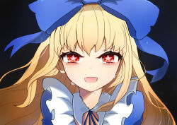 Rule 34 | 1girl, absurdres, alice (black souls), black souls, blonde hair, blue bow, blue dress, blue ribbon, blush, bow, collared dress, crying, dress, hair bow, highres, long hair, looking at viewer, neck ribbon, open mouth, portrait, prickett (black souls), puffy short sleeves, puffy sleeves, red eyes, ribbon, short sleeves, sidelocks, smile, solo, spoilers, star-shaped pupils, star (symbol), symbol-shaped pupils, very long hair, zi cha mo xue