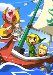 Rule 34 | &gt; &lt;, 2boys, blonde hair, boat, closed eyes, fish, hat, highres, kirby, kirby (series), link, lucas (mother 3), male focus, mother (game), mother 3, multiple boys, nintendo, ocean, one eye closed, pointy ears, quiff, shield, shield on back, smile, super smash bros., the king of red lions, the legend of zelda, the legend of zelda: the wind waker, toon link, watercraft, wink