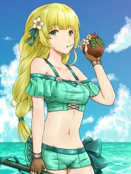 1girl, bangs, bare shoulders, bikini, blonde hair, blue sky, breasts, brown gloves, cleavage, cloud, coconut, commentary request, cowboy shot, day, eyebrows visible through hair, fire emblem, fire emblem: three houses, fire emblem heroes, flower, gloves, green bikini, green eyes, green ribbon, green shorts, groin, hair flower, hair ornament, hair ribbon, hand up, highres, holding, howaito gyuunyuu, ingrid brandl galatea, long hair, looking at viewer, navel, nintendo, off-shoulder bikini, off shoulder, outdoors, parted lips, ribbon, short shorts, short sleeves, shorts, sky, small breasts, solo, standing, stomach, swimsuit, water, white flower