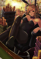 Rule 34 | 1girl, animal ears, bad id, bad pixiv id, bare shoulders, black pantyhose, blonde hair, bow, bowtie, breasts, casino, casino card table, cleavage, coin, crossed legs, detached collar, earrings, fake animal ears, jewelry, leotard, light smile, lips, long hair, looking at viewer, motida, original, pantyhose, playboy bunny, rabbit ears, sitting, slot machine, solo, table, wrist cuffs, yellow eyes