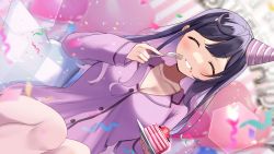Rule 34 | 1girl, :d, ^ ^, ahoge, birthday, black hair, blush, breasts, buttons, cake, cake slice, cleavage, closed eyes, confetti, dutch angle, food, food on face, fork, gradient hair, grin, hair down, hat, highres, holding, holding fork, holding plate, indie virtual youtuber, kazepana, kazepana (vtuber), large breasts, lens flare, light purple hair, long hair, looking at viewer, multicolored hair, open mouth, pajamas, pantyhose, party hat, plate, self-portrait, smile, solo, swept bangs, virtual youtuber, white pantyhose