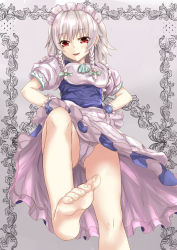 Rule 34 | 1girl, apron, bad id, bad pixiv id, bare legs, barefoot, blue dress, braid, clothes lift, dress, dress lift, feet, from below, hair ribbon, izayoi sakuya, leg up, looking at viewer, maid, maid apron, maid headdress, open mouth, outstretched foot, outstretched leg, panties, pantyshot, puffy sleeves, red eyes, ribbon, short sleeves, silver hair, smile, soles, solo, toes, touhou, twin braids, underwear, upskirt, waist apron, white crow, white panties, wrist cuffs