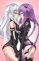 Rule 34 | 10s, 2girls, aqua eyes, ass, back, bare shoulders, black gloves, black heart (neptunia), blue eyes, braid, breast press, breasts, elbow gloves, emblem, eye contact, female focus, flipped hair, from side, ge-b, gloves, gradient background, hair between eyes, hair ornament, halterneck, holding hands, imminent kiss, leotard, long hair, looking at another, magical girl, multiple girls, neptune (neptunia), neptune (series), noire (neptunia), open mouth, outline, parted lips, pink background, power symbol, power symbol-shaped pupils, profile, purple hair, purple heart (neptunia), sideboob, sidelocks, silver hair, symbol-shaped pupils, symmetrical docking, turtleneck, twin braids, very long hair, wavy hair, yuri