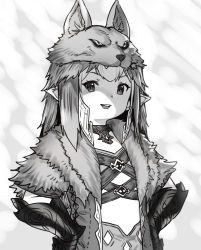 Rule 34 | 1girl, :d, warrior of light (ff14), choker, final fantasy, final fantasy xiv, gauntlets, greyscale, hands on own hips, highres, houtengeki, lalafell, long hair, looking at viewer, monochrome, open mouth, pelt, pointy ears, round teeth, smile, solo, teeth, upper body, upper teeth only