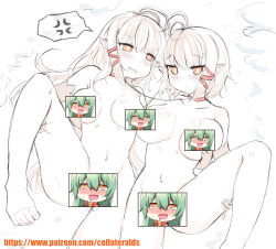 Rule 34 | 2girls, absurdres, akashi (azur lane), anger vein, azur lane, bad id, bad pixiv id, blush, breasts, censored, censored nipples, character censor, choker, clenched teeth, commentary request, drooling, green hair, greenteaneko, hair ornament, hairclip, heart, heart-shaped pupils, highres, large breasts, long hair, looking at viewer, lying, medium breasts, multiple girls, navel, nose blush, novelty censor, nude, on back, orange eyes, original, parted lips, partially colored, pointy ears, red choker, saliva, spoken anger vein, symbol-shaped pupils, tears, teeth, very long hair, yellow eyes