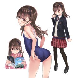 Rule 34 | 1girl, aoi kumiko, ass, black ribbon, blazer, blush, bow, closed mouth, competition school swimsuit, glasses, grey-framed eyewear, hair ribbon, highres, jacket, long hair, long sleeves, looking at viewer, magazine (object), miniskirt, multiple views, necktie, one-piece swimsuit, open clothes, original, pantyhose, plaid, plaid skirt, pleated skirt, ribbon, school swimsuit, school uniform, semi-rimless eyewear, shirt, simple background, skirt, smile, standing, straight hair, swimsuit, tareme, thick eyebrows, under-rim eyewear, white background
