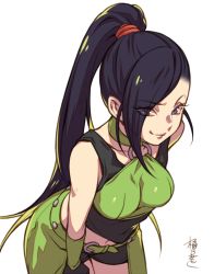 Rule 34 | 1girl, bare shoulders, black hair, black shorts, breasts, choker, dragon quest, dragon quest xi, green choker, large breasts, leaning forward, long hair, looking at viewer, martina (dq11), midriff, navel, o-ring, o-ring top, okeno kamoku, ponytail, purple eyes, raised eyebrow, shorts, smile, solo, tank top, very long hair, waist cape, white background