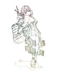 Rule 34 | 10s, 1girl, belt, full body, gradient filter, gurin33, kantai collection, leaning forward, loafers, monochrome, neckerchief, ooi (kancolle), shoes, simple background, sketch, skirt, smokestack, solid circle eyes, solo, torpedo tubes, white background