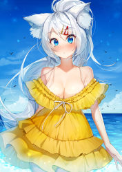 Rule 34 | 1girl, absurdres, animal ear fluff, animal ears, bare shoulders, bird, blue eyes, blue sky, blush, breasts, cleavage, collarbone, cowboy shot, day, dress, frilled dress, frills, hair ornament, hairclip, high ponytail, highres, horizon, illian-san, large breasts, layered dress, long hair, looking at viewer, nose blush, ocean, original, outdoors, parted lips, ponytail, ribbon, silver hair, sky, solo, swept bangs, water, white ribbon, yellow dress