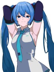 Rule 34 | 1girl, armpits, arms behind head, arms up, blue eyes, blue hair, blush, breasts, closed mouth, collared shirt, detached sleeves, grey shirt, hatsune miku, headphones, highres, long hair, looking at viewer, medium breasts, necktie, shirt, sideboob, simple background, sleeveless, sleeveless shirt, smile, solo, sudzume, twintails, upper body, vocaloid, white background
