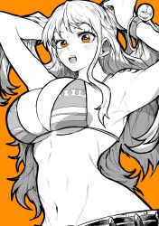 Rule 34 | 1girl, :o, absurdres, arm tattoo, armpits, arms up, bikini, bikini top only, blush, bracelet, breasts, cleavage, commentary, ear piercing, eyelashes, greyscale with colored background, hand in own hair, highres, jewelry, large breasts, log pose, long hair, looking at viewer, monochrome, nami (one piece), navel, one piece, open mouth, orange background, orange eyes, piercing, solo, spot color, standing, stomach, string bikini, swimsuit, tattoo, upper body, yotsumi shiro