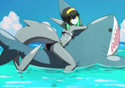 Rule 34 | 1girl, :3, absurdres, artist name, bikini, black bikini, black hair, blue background, blush, claws, closed mouth, cloud, colored inner hair, colored skin, dorsal fin, fins, fish tail, flat chest, full body, green hair, grey skin, hairband, highres, inflatable shark, inflatable toy, looking at viewer, looking back, monster girl, multicolored hair, multicolored skin, ocean, original, outdoors, pointy ears, shark girl, shark tail, sitting, sky, slit pupils, soaking feet, solo, swimsuit, tail, toipokun oyashi, twitter username, water, wet, yellow eyes, yellow hairband