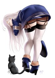 Rule 34 | 1girl, 86 -eightysix-, ahoge, antenna hair, ass, bent over, black cat, blue footwear, blue jacket, cat, commentary, english commentary, from behind, full body, garter straps, grey eyes, hand on own neck, hat, unworn hat, unworn headwear, high heels, highres, holding, holding clothes, holding hat, jacket, long hair, long sleeves, looking at animal, looking down, military, military hat, military uniform, signature, simple background, skindentation, solo, standing, thigh strap, thighhighs, tp (86 -eighty-six-), uniform, vladilena millize, white background, white hair, white thighhighs, zasshu