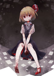 Rule 34 | 1girl, absurdres, black dress, blonde hair, blood, blood on clothes, blood on face, blood on feet, blood on hands, buttons, closed mouth, collared shirt, dress, empty eyes, hair ribbon, highres, murani, puffy short sleeves, puffy sleeves, red eyes, red footwear, red ribbon, ribbon, rumia, shirt, short hair, short sleeves, smile, solo, touhou, white shirt
