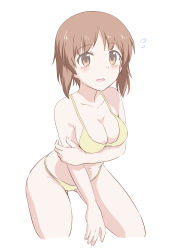 Rule 34 | 1girl, absurdres, arm grab, bikini, blush, breasts, brown eyes, brown hair, cleavage, commentary, ennui orz, flying sweatdrops, girls und panzer, highres, leaning forward, looking at viewer, medium breasts, navel, nishizumi miho, open mouth, short hair, simple background, skindentation, solo, standing, swimsuit, white background, yellow bikini