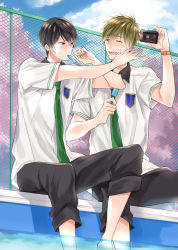 Rule 34 | 10s, 2boys, barefoot, black hair, blue eyes, blush, brown hair, camera, chain-link fence, fence, food, free!, male focus, mouth hold, multiple boys, nanase haruka (free!), necktie, one eye closed, open mouth, poolside, popsicle, school uniform, short hair, sitting, smile, soaking feet, sweat, tachibana makoto, water, wince