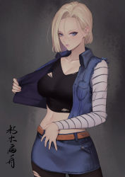 Rule 34 | 1girl, absurdres, android 18, belt, black legwear, blonde hair, blue eyes, breasts, cleavage, cowboy shot, denim, denim jacket, denim skirt, dragon ball, dragonball z, earrings, eyelashes, eyeshadow, hand on own stomach, hand up, highres, jacket, jewelry, large breasts, looking at viewer, makeup, open clothes, open jacket, parted lips, pocket, shirt, short hair, skirt, solo, striped clothes, striped shirt, torn clothes, torn sleeves, vest, xiumu bianzhou