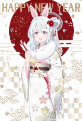 Rule 34 | 1girl, alternate costume, alternate hairstyle, animal ears, arrow (projectile), blue archive, english text, flower, grey hair, hair flower, hair ornament, halo, hamaya, happy new year, highres, holding, hoshino ouka, japanese clothes, kimono, looking at viewer, miyako (blue archive), new year, open mouth, ponytail, purple eyes, rabbit ears, solo