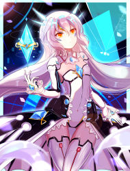 Rule 34 | 1girl, absurdres, blue background, code: battle seraph (elsword), covered navel, cowboy shot, detached collar, elsword, eve (elsword), expressionless, gloves, highres, leotard, long hair, looking to the side, orange eyes, solo, thigh gap, thighhighs, white hair, white thighhighs, xinghuo, yellow eyes