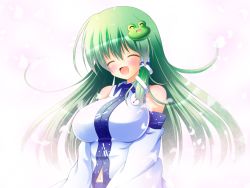 Rule 34 | 1girl, ^ ^, bare shoulders, blush, breasts, closed eyes, detached sleeves, expressive clothes, closed eyes, female focus, frog hair ornament, green hair, hair ornament, hair tubes, kochiya sanae, large breasts, long hair, open mouth, osashin (osada), smile, snake hair ornament, solo, touhou, upper body