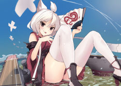 Rule 34 | 1girl, absurdres, azur lane, brown eyes, cloud, fisheye, flight deck, folding fan, hand fan, highres, hull shoes, japanese clothes, kimono, looking at viewer, miniskirt, ocean, on ground, pleated skirt, red kimono, red skirt, red sleeves, ribbon, shikigami, shin guards, short hair, shouhou (azur lane), skirt, sky, sleeveless, sleeveless kimono, thighhighs, tongue, tongue out, topknot, user symu3353, white hair, white ribbon, white thighhighs, wide sleeves