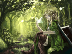 Rule 34 | 1girl, blonde hair, blue eyes, boots, cloak, fairy, forest, gender request, genderswap, gloves, hat, hood, hyrule warriors, jewelry, leather, leather boots, leather gloves, link, long hair, nature, nintendo, nuppa, path, pendant, pointy ears, ponytail, road, shield, smile, solo, sword, the legend of zelda, thigh boots, thighhighs, weapon