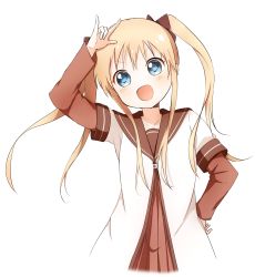 Rule 34 | 1girl, :d, \m/, alternate hairstyle, arm up, blonde hair, blue eyes, collarbone, commentary request, hand on own hip, highres, layered sleeves, long sleeves, looking at viewer, minatsuki hitoka, nanamori school uniform, open mouth, school uniform, serafuku, short over long sleeves, short sleeves, simple background, smile, solo, toshinou kyouko, twintails, white background, yuru yuri