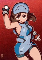 Rule 34 | &gt;:o, 1girl, :o, ace trainer (pokemon), armpits, bare arms, bare shoulders, bike shorts, black gloves, blue hat, blue shirt, blush, breasts, brown eyes, brown hair, chawalit adsawawalanon, covered navel, cowboy shot, creatures (company), fingerless gloves, fingernails, game freak, gloves, gradient background, hat, highres, holding, holding poke ball, looking at viewer, medium breasts, nintendo, npc trainer, open mouth, outline, poke ball, poke ball (basic), pokemon, pokemon sm, red background, shirt, short hair, sideboob, sleeveless, sleeveless shirt, solo, taut clothes, taut shirt, turtleneck, v-shaped eyebrows, visor cap