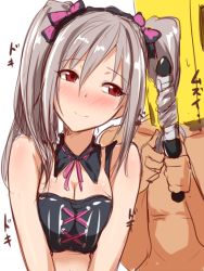 Rule 34 | 10s, 1boy, 1girl, bare shoulders, blush, breasts, clearite, cleavage, collarbone, curling iron, idolmaster, idolmaster cinderella girls, kanzaki ranko, p-head producer, producer (idolmaster), red eyes, topless male, short hair, silver hair, sleeveless, sweatdrop, twintails