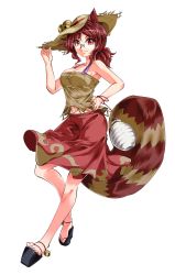 Rule 34 | 1girl, alternate hairstyle, animal ears, armpits, bare shoulders, brown hair, futatsuiwa mamizou, glasses, hand on own hip, hat, highres, kakao (noise-111), ponytail, raccoon ears, raccoon tail, red eyes, solo, straw hat, tail, touhou, white background